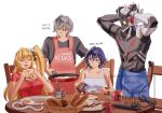  2boys 2girls apron aragiken bare_shoulders belle_(zenless_zone_zero) billy_kid billy_kid_(starlight) black_shirt blonde_hair blue_hair bread bread_slice chalky_(zenless_zone_zero) cissia_(zenless_zone_zero) closed_eyes clothed_robot collarbone commentary cup egg_(food) english_text food green_eyes grey_hair hair_between_eyes hair_ornament highres holding holding_food holding_pan horns humanoid_robot long_hair looking_at_another multiple_boys multiple_girls open_mouth parted_lips plate pom_pom_(clothes) pom_pom_hair_ornament red_apron red_shirt robot robot_boy shirt side_ponytail simple_background sitting snake snake_girl standing table toast white_background white_hair white_snake wise_(zenless_zone_zero) yellow_eyes zenless_zone_zero 