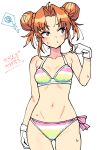  1girl ahoge alternate_costume alternate_hairstyle bikini braid braided_base breasts bun_with_braided_base colorized commentary_request double_bun gloves hair_bun highres kagerou_(kancolle) kantai_collection multicolored_bikini orange_hair side-tie_bikini_bottom simple_background small_breasts solo standing striped_bikini striped_clothes swimsuit taketora_suzume translation_request white_background white_gloves 