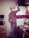  1boy akagi:_yami_ni_oritatta_tensai akagi_shigeru cigarette closed_mouth commentary_request cowboy_shot expressionless fukumoto_mahjong grey_hair grey_pants grey_shirt indoors kitchen level_6chan looking_at_viewer magnet male_focus microwave oven_mitts pants photo_background refrigerator refrigerator_magnet shirt short_hair smoking solo standing 