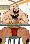  1boy ai-generated bara beard broad_shoulders bulge cellphone commentary_request ero_frog0429 facial_hair highres holding holding_phone indoors large_pectorals male_focus mohawk multiple_scars muscular muscular_arms muscular_male nipples pectorals phone scar scar_on_arm scar_on_leg sitting smartphone solo street_fighter thick_chest_hair thick_thighs thighs topless_male wrestling_trunks wristband zangief 