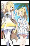  2girls absurdres bag bare_shoulders black_border black_leggings blonde_hair blush border braid braided_base breasts closed_eyes commentary_request dress gem green_eyes green_gem hair_over_one_eye highres leggings lillie_(pokemon) long_hair lusamine_(pokemon) mature_female medium_breasts mother_and_child mother_and_daughter multicolored_leggings multiple_girls open_mouth outdoors parent_and_child pokemon pokemon_sun_and_moon ponytail ponytail_with_braided_base shabana_may shirt shopping_bag short_sleeves skirt sleeveless sleeveless_dress smile two-tone_leggings two-tone_legwear very_long_hair white_dress white_leggings white_shirt white_skirt 