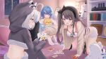  3girls :d absurdres all_fours animal_hood azur_lane bent_over black_choker black_hairband blue_eyes blue_hair blush bogatyr_(azur_lane) breasts brown_hair cardigan cardigan_pull cherry_print choker cleavage commentary_request crop_top cropped_hoodie curious excited fang food_print fruit_print full_body grin hair_between_eyes hair_ornament hair_over_one_eye hairband hairclip highres hood hoodie kneeling knees_up long_hair looking_at_another manjuu_(azur_lane) medium_breasts medium_hair multiple_girls oleg_(azur_lane) oleg_(repose_by_the_fireplace)_(azur_lane) open_cardigan open_clothes paashe pamiat_merkuria_(azur_lane) pamiat_merkuria_(sweet_cherry_memories)_(azur_lane) pink_eyes playing_card_game playing_games purple_eyes raccoon_hood smile smug underboob very_long_hair white_hair 