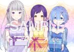  3girls :d blue_dress blue_eyes blue_hair blush box braid breasts choker cleavage collarbone crown_braid dress elf emilia_(re:zero) flower gift gift_box grey_hair hair_flower hair_ornament hair_over_one_eye hair_ribbon holding holding_gift incoming_gift long_hair looking_at_viewer low_twintails medium_breasts melty_pristis multiple_girls official_art ootsuka_shin'ichirou open_mouth pink_ribbon pointy_ears purple_dress purple_eyes purple_hair purple_ribbon re:zero_kara_hajimeru_isekai_seikatsu rem_(re:zero) ribbon sample_watermark see-through_clothes see-through_sleeves short_hair sleeveless sleeveless_dress smile twintails very_long_hair watermark x_hair_ornament yellow_dress yellow_eyes 