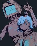  1girl 1other black_background blue_eyes blue_hair bodypaint can collared_shirt commentary_request cytus cytus_ii expressionless hair_ornament hairclip hat holding holding_can humanoid_robot jacket joints korean_commentary looking_at_viewer monitor_head monochrome nora_(cytus) peaked_cap robo_head_(cytus) robot robot_joints shirt short_hair simple_background smile spot_color track_jacket uyrdc_so 