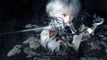  1girl 2b_(nier:automata) 3d artist_name black_dress black_gloves blender_(medium) blue_eyes clothing_cutout dress english_commentary feather-trimmed_sleeves flower gloves highres holding holding_sword holding_weapon juliet_sleeves leotard long_sleeves nier:automata nier_(series) no_blindfold puffy_sleeves selescha.arts short_hair signature solo sword upper_body weapon white_flower white_hair 