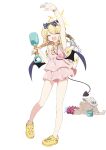  2girls absurdres arm_up black_bow black_horns black_wings blonde_hair blue_archive blue_halo bow braid closed_eyes commentary_request cu_cu_cu demon_tail halo highres holding holding_shovel horns ibuki_(blue_archive) ibuki_(swimsuit)_(blue_archive) iroha_(blue_archive) iroha_(swimsuit)_(blue_archive) multiple_girls one-piece_swimsuit open_mouth pink_one-piece_swimsuit red_hair sand_castle sand_sculpture sandals shovel swimsuit tail twin_braids white_background wings yellow_halo yellow_sandals 