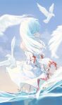  1girl ahoge angel_wings animal bare_shoulders bird blood blue_sky blurry blurry_foreground bow chino_(user_zdyd2447) cloud cloudy_sky commentary day depth_of_field dove dress feathered_wings feathers from_behind gloves highres long_hair ocean original outdoors sky sleeveless sleeveless_dress solo standing wading water white_bird white_bow white_dress white_feathers white_hair white_wings wings wrist_cuffs 