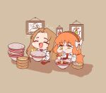  2girls ^_^ bamboo_steamer bow brown_hair chinese_food closed_eyes commentary eating food green_eyes hair_bow happy highres indoors ishmael_(project_moon) limbus_company liu_association_south_(identity)_(project_moon) liu_association_south_uniform long_hair multiple_girls necktie official_art open_mouth orange_hair project_moon red_necktie rodion_(project_moon) smile steamed_bun very_long_hair white_bow 