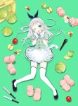  1boy :3 :d apple apron artist_request bird's_eye_view black_hairband black_shoes black_trim blend_s cabbage center_frills collared_shirt commentary_request contrast_collar crossdressing crossdressing_(mtf) food frilled_apron frills from_above fruit full_body gloves glowstick green_background green_eyes green_shirt green_skirt grey_hair hairband hands_up high_heels kanzaki_hideri long_hair long_sidelocks looking_at_viewer lying male_focus microphone miniskirt official_art on_back one_eye_closed open_mouth pig pleated_skirt puffy_short_sleeves puffy_sleeves pumps shirt shoes short_sleeves sidelocks simple_background skirt smile solo stile_uniform surrounded thighhighs trap waist_apron white_apron white_gloves white_thighhighs 