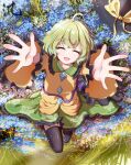  1girl absurdres black_hat black_thighhighs blue_flower bow buttons chinese_commentary closed_eyes collared_shirt commentary_request diamond_button disembodied_linked_eye eyeball facing_viewer floral_print flower flower_request frilled_shirt_collar frilled_skirt frilled_sleeves frills green_eyes green_hair green_skirt hat hat_bow highres hugging_viewer koishi_day komeiji_koishi long_sleeves lying medium_hair missing_headwear mixed-language_commentary on_back open_mouth print_skirt rose_print shirt skirt smile solo thighhighs touhou unworn_hat unworn_headwear wide_sleeves yellow_bow yellow_shirt z0xy439 