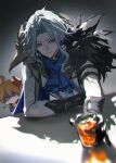  0jae 2boys absurdres alcohol ascot black_gauntlets blue_ascot chibi coat commentary cup desk dottore_(genshin_impact) fur-trimmed_coat fur_trim genshin_impact grey_hair grin highres holding holding_cup incoming_drink looking_at_viewer male_focus multiple_boys no_mask parted_bangs red_eyes short_hair smile solo_focus tartaglia_(genshin_impact) untranslatable_commentary white_coat 