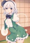  1girl black_bow black_bowtie black_hairband blue_eyes blush bow bowtie breasts collared_shirt commentary_request frilled_skirt frills green_skirt green_vest grey_hair hairband highres hitodama indoors konpaku_youmu konpaku_youmu_(ghost) large_variant_set medium_hair open_mouth paid_reward_available puffy_short_sleeves puffy_sleeves shirt short_sleeves shouji skirt skirt_set sliding_doors small_breasts smile solo sweat tama_(soon32281) textless_version touhou variant_set vest white_shirt 