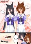  ... 2girls absurdres agnes_tachyon_(umamusume) ahoge animal_ears black_hair blush bntutnn bow bowtie brown_hair chemical_structure commentary dyed_ahoge ear_ornament ear_tag earrings hair_between_eyes hand_blush heart highres holding_hands horse_ears horse_girl jewelry long_bangs long_hair long_hair_between_eyes looking_ahead looking_at_another manhattan_cafe_(umamusume) multicolored_hair multiple_girls open_mouth pleated_skirt purple_bow purple_bowtie purple_sailor_collar purple_serafuku purple_shirt red_eyes sailor_collar sailor_shirt school_uniform serafuku shirt short_sleeves simple_background single_earring skirt smile speech_bubble summer_uniform talking tracen_school_uniform umamusume untranslatable_commentary white_hair white_skirt wolf_cut yellow_eyes yuri 