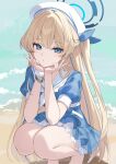  1girl blonde_hair blue_archive blue_eyes blue_halo blue_streaks braid commentary double_v dress elbow_rest frilled_dress frills half_up_braid halo hand_on_own_cheek hand_on_own_face hat head_rest highres long_hair looking_at_viewer multicolored_hair neckerchief plaid_clothes plaid_dress puffy_short_sleeves puffy_sleeves sailor_collar sailor_hat short_sleeves solo squatting streaked_hair takehana_note toki_(blue_archive) v white_neckerchief white_sailor_collar 