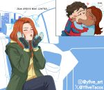 1boy 2girls absurdres arrow_(symbol) black_gloves black_hair black_pants blush closed_eyes commentary_request crossed_legs dark-skinned_female dark_skin english_text fingerless_gloves gloves green_jacket hetero highres instagram_username jacket jean_grey kiss long_hair long_sleeves marvel meme michelle_"mj"_jones mind_control multiple_girls pants peter_parker possessed red_hair shirt short_hair sitting spanish_commentary spider-man spider-man:_brand_new_day spider-man_(original_suit) spider-man_(series) twitter_username x-men yellow_shirt yfivetacos yoshi_and_toad_kissing_(meme) 