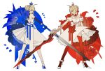  2girls aestus_estus ahoge artoria_pendragon_(fate) bare_shoulders blonde_hair blue_eyes blue_flower blue_ribbon bow braid braided_base breasts bun_with_braided_base caliburn_(fate) cleavage commentary crossed_swords crown dress fate/extra fate/stay_night fate_(series) flower hair_bun hair_intakes hair_ribbon high_heels highres medium_breasts multiple_girls nero_claudius_(fate) orange_eyes pantyhose red_bow red_flower red_pantyhose red_ribbon red_rose ribbon rose saber_(fate) shoes sword weapon white_dress white_shoes zero_(jckz2334) 