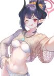  1girl absurdres bikini black_hair blue_archive breasts brown_shirt chiaki_(blue_archive) chiaki_(swimsuit)_(blue_archive) cleavage closed_mouth commentary cowboy_shot crop_top demon_horns fishnet_top fishnets hair_bun hair_ornament hair_scrunchie halo hand_on_own_hip highres horns jewelry long_hair long_sleeves looking_at_viewer marulire medium_breasts navel necklace o-ring o-ring_bikini one_eye_closed outstretched_arm pointy_ears red_eyes scrunchie shirt side-tie_bikini_bottom simple_background smile solo stomach string_bikini swimsuit tongue tongue_out white_background white_bikini 