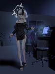  1girl absurdres bare_legs bikini black_bikini black_choker black_hair black_horns black_nails blue_archive blue_screen_of_death breasts chair choker commentary_request full_body gradient_hair grey_halo grin hair_between_eyes halo highres horns indoors kayoko_(blue_archive) kayoko_(tsutaya)_(blue_archive) long_hair looking_at_viewer monitor multicolored_hair night red_eyes ring_of_light_(blue_archive) see-through_clothes see-through_shirt shirt side_slit small_breasts smile solo standing straight-on strapless strapless_shirt swimsuit sych1590 table two-tone_hair walking white_hair 