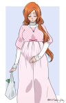  1girl absurdres alternate_costume alternate_hairstyle arm_at_side bag bleach bleach:_epilogue blue_background blush border bow breasts closed_eyes closed_mouth dress eyebrows_hidden_by_hair eyelashes facing_viewer feet_out_of_frame fingernails flower flower_necklace hair_ornament hand_on_own_stomach highres holding holding_bag inoue_orihime jewelry long_dress long_hair low_ponytail medium_breasts necklace orange_hair outside_border parted_bangs pink_bow pink_dress ponytail pregnant ring rozuberry shopping_bag simple_background sleeves_past_wrists snowflake_hair_ornament solo split_mouth spring_onion standing star_(symbol) star_hair_ornament star_necklace sweater twitter_username wedding_ring white_border white_sweater 