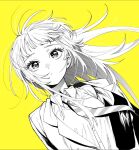  1girl breasts closed_mouth commentary diagonal-striped_clothes diagonal-striped_necktie dutch_angle greyscale_with_colored_background harekawa_shinta highres long_hair long_sleeves looking_at_viewer momose_akira_(hatsukoi) momose_akira_no_hatsukoi_hatan_chuu. monochrome necktie official_art school_uniform shirt simple_background solo striped_clothes striped_necktie untranslatable_commentary upper_body yellow_background 
