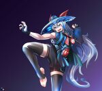  1girl :d absurdres animal_ears artist_name black_gloves black_shorts black_thighhighs blue_eyes blue_jacket commission commissioner_upload cosplay dota_(series) dota_2 fingerless_gloves gloves grey_hair hat highres horse_ears horse_girl horse_tail jacket long_hair non-web_source shorts single_sleeve smile solo stirrup_legwear storm_spirit_(dota_2) storm_spirit_(dota_2)_(cosplay) straw_hat tail tamamo_cross_(umamusume) the_raineman thighhighs toeless_legwear toes umamusume 