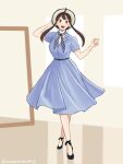  1girl black_hair black_shoes blue_dress blurry blurry_background breasts commentary_request crossed_legs diagonal-striped_clothes diagonal-striped_neckerchief dress earrings evessan2 full_body hand_on_headwear highres jewelry long_dress looking_at_viewer medium_breasts neckerchief open_mouth red_eyes shoes short_sleeves sidelocks smile solo spy_x_family striped_clothes striped_neckerchief twitter_username updo yor_briar 