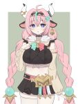  1girl :o absurdres ahoge animal_ears aqua_hair aqua_streaks arm_at_side bandaid_on_horn bandeau bell bell_earrings black_bandeau black_hairband black_skirt blue_pupils blush border bow braid breasts bright_pupils commentary cow_ears cow_girl cow_horns cowboy_shot crossed_bangs curled_fingers detached_sleeves earrings genshin_impact green_background hair_between_eyes hair_intakes hairband hand_up highres horns ikaro_(1k_r) jewelry large_breasts legs_together long_hair looking_at_viewer low_twin_braids midriff miniskirt multicolored_hair navel outside_border parted_lips pink_hair pleated_skirt purple_eyes single_thighhigh skirt solo standing streaked_hair thick_thighs thighhighs thighs twin_braids two-tone_hair varesa_(genshin_impact) very_long_hair white_border white_horns yellow_sleeves 