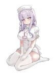  1girl absurdres azur_lane blush breasts commentary dress garter_straps gloves hat highres ichi_(gnsk4737) lanyard large_breasts long_hair looking_at_viewer multicolored_hair nurse pink_eyes pink_hair plymouth_(an_angelic_physical)_(azur_lane) plymouth_(azur_lane) short_sleeves simple_background solo streaked_hair thighhighs thighs white_background white_dress white_garter_straps white_gloves white_hat white_thighhighs 