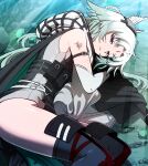 1girl absurdres animal_ears arcane_(arknights) arknights arknights:_endfield arm_strap bare_shoulders bird_ears bird_girl black_cape black_leotard black_thighhighs bruise bruise_on_arm bruise_on_face cape commentary cowboy_shot elbow_gloves facial_mark forehead_mark gloves gradient_hair grey_hair grey_leotard highres injury leotard long_hair looking_at_viewer lying multicolored_hair multicolored_leotard on_side parted_lips purple_eyes samacho solo thighhighs two-tone_leotard white_gloves white_hair 
