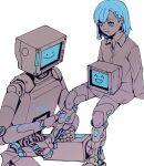  1girl 1other blue_eyes blue_hair body_writing bodypaint closed_mouth collared_dress commentary_request cytus cytus_ii dress hair_ornament hairclip highres humanoid_robot invisible_chair joints korean_commentary long_sleeves mechanical_legs monitor monitor_head monochrome nora_(cytus) repairing robo_head_(cytus) robot robot_joints short_hair simple_background sitting smile spot_color uyrdc_so white_background 