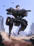  1girl absurdres aircraft autocannon black_hair blue_sky cannon cityscape commentary cqcnorthfish desert dust_cloud english_commentary externally_piloted_mecha gloves headphones highres mecha muzzle_device original piloting pouch robot ruins short_hair sky smile smoke_grenade_launcher tank_top walker_(robot) walking 