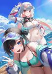  2girls :d absurdres andud_14_(yh) aqua_bikini aqua_nails aqua_streaks arm_up beach bent_over bikini black_bikini black_choker black_hair black_survival blue_eyes blush breasts choker cleavage colored_inner_hair commentary day debi_(black_survival) dutch_angle eternal_return:_black_survival eyewear_on_head fingernails hair_rings hand_on_own_hip highres horizon jacket jacket_partially_removed large_breasts lens_flare long_sleeves looking_at_viewer marlene_(black_survival) mismatched_bikini multicolored_hair multiple_girls nail_polish navel o-ring o-ring_choker ocean open_mouth outdoors parted_lips pink_hair purple-tinted_eyewear red_eyes shiny_skin shrug_(clothing) single_hair_ring smile standing stomach streaked_hair string_bikini swimsuit tinted_eyewear v visor_cap white_bikini white_hair white_jacket white_shrug white_visor_cap 