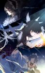  2girls absurdres arm_pillow bird black_bow black_collar black_hair black_sleeves blue_eyes bow braid braided_base brown_hair bun_with_braided_base closed_eyes closed_mouth coat collar columbina_(genshin_impact) commentary crimson_lotus_moth_(genshin_impact) detached_collar detached_sleeves dove dress english_text eye_mask fatui_coat from_side fur-trimmed_coat fur_trim gem genshin_impact hair_bow hair_bun hair_ornament head_rest highres lens_flare long_hair long_sidelocks magnet_8_8 mask multicolored_hair multiple_girls multiple_views multiple_wings parted_lips pulonia_(genshin_impact) purple_hair red_gem sandrone_(genshin_impact) see-through_clothes see-through_mask shooting_star short_hair_with_long_locks sidelocks single_hair_bun two-tone_hair untranslatable_commentary very_long_hair white_dress white_headdress white_mask white_wings wing_hair_ornament wings yellow_bow 