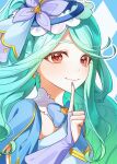  1girl absurdres aqua_hair blue_bow blue_bowtie blue_capelet blue_hat blue_nails blue_ribbon boater_hat bow bow_earrings bowtie breasts bridal_gauntlets brooch butterfly_hat_ornament capelet closed_mouth commentary cure_eclair earrings hat hat_ornament hat_ribbon heart heart_brooch heart_in_eye highres howa_kurea index_finger_raised jewelry long_hair looking_at_viewer magical_girl meitantei_precure! nail_polish precure purple_bridal_gauntlets red_eyes ribbon seiya_nkmiko sidelocks small_breasts solo symbol_in_eye untranslatable_commentary upper_body 