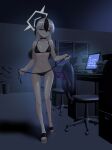  1girl absurdres bare_legs bikini black_bikini black_choker black_hair black_horns black_nails blue_archive blue_screen_of_death breasts chair choker commentary_request full_body gradient_hair grey_halo grin hair_between_eyes halo highres horns indoors kayoko_(blue_archive) kayoko_(tsutaya)_(blue_archive) long_hair looking_at_viewer monitor multicolored_hair night red_eyes ring_of_light_(blue_archive) small_breasts smile solo standing straight-on strapless swimsuit sych1590 table two-tone_hair walking white_hair 