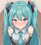  1girl aqua_eyes aqua_hair aqua_necktie aqua_trim bare_shoulders black_sleeves blush breasts closed_mouth commentary_request detached_sleeves grey_shirt hatsune_miku highres medium_breasts necktie otoaya_beru raised_inner_eyebrows shirt sleeveless sleeveless_shirt solo twintails upper_body vocaloid 