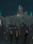  1girl 2boys bald black_jacket black_pants black_suit blonde_hair city city_lights collared_shirt elena_(ff7) facial_hair final_fantasy final_fantasy_vii goatee goggles goggles_on_head hair_over_shoulder hands_in_pockets highres jacket lanimalu long_hair low_ponytail multiple_boys on_rooftop pants ponytail red_hair reno_(ff7) rude_(ff7) shinra_electric_power_company shirt short_hair suit sunglasses white_shirt 