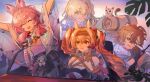  4girls :d \o/ absurdres ahoge angelina_(arknights) angelina_the_mellow_wish_(arknights) animal animal_ear_fluff animal_ears arknights arms_up black_gloves black_hairband black_skirt brown_hair bug car chinese_commentary closed_eyes commentary_request dragonfly driving evening fox_ears fox_girl gloves hair_between_eyes hairband highres hiking_backpack infection_monitor_(arknights) jacinta_(arknights) long_hair looking_at_viewer motor_vehicle multiple_girls open_mouth outdoors outstretched_arms oxygen6111 palm_leaf pink_hair rabbit_ears rabbit_girl raccoon_ears raccoon_girl skirt sky smile steering_wheel thumpy_(arknights) timeslot_(arknights) twintails 