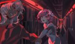  2girls android black_jacket black_shirt blue_flower clenched_teeth cytus cytus_ii dark-skinned_female dark_skin fleeing flower hair_flower hair_ornament hallway highres holding_hands hood hood_up hooded_jacket horned_hood horns industrial ivy_(cytus) jacket medium_hair metal_skin multiple_girls pink_hair red_eyes red_horns red_light red_trim scared serious shirt short_hair skin_seams teeth uyrdc_so vanessa_(cytus_ii) white_hair 