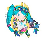  1girl adjusting_eyewear aqua_eyes aqua_hair artist_name blue_background blush_stickers chatot chibi commentary english_commentary eyewear_on_head fingerless_gloves full_body gloves hair_ornament hand_on_eyewear hands_up hatsune_miku long_hair looking_at_viewer melanbread normal_miku_(project_voltage) one_eye_closed oversized_clothes oversized_shirt pants pink_pants pokemon pokemon_(creature) print_shirt project_voltage shirt shoes simple_background sneakers solo twintails vocaloid white_background white_shirt wide_sleeves 