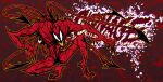  2boys abstract_background analogous_colors barefoot blank_eyes carnage_(marvel) character_name clawed_hands commentary english_commentary finger_claws fingernails highres knees_apart_feet_together male_focus marvel monster_boy multiple_boys muscular oekaki open_mouth red_theme sharp_fingernails sharp_teeth slime_boy solid_eyes solo spider-man_(series) squatting symbiote teeth teknodice tendrils_from_back vectors 