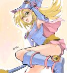  1girl :d ;d arm_up bad_drawr_id bad_id blonde_hair blue_boots blue_dress blue_hat blush_stickers boots breasts cape cleavage cowboy_shot dark_magician_girl dress green_eyes hair_between_eyes hat holding holding_wand large_breasts long_hair looking_at_viewer nomiko_524 oekaki one_eye_closed open_mouth pentacle pink_cape pink_skirt skirt smile solo standing standing_on_one_leg star_(symbol) wand wizard_hat yu-gi-oh! yu-gi-oh!_duel_monsters 