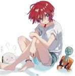  1girl 2others amate_yuzuriha anklet barefoot blue_eyes blue_shorts blush commentary_request conch_(gundam) electric_fan feet food gundam gundam_gquuuuuux haro highres holding holding_food holding_ice_cream ice_cream jewelry looking_at_another multiple_others non-humanoid_robot o6nuqm pet piercing red_hair robot science_fiction shirt short_hair short_sleeves shorts sitting sleeves_rolled_up sweat toenails toes white_background white_shirt 