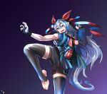  1girl :d absurdres animal_ears artist_name black_gloves black_shorts black_thighhighs blue_eyes blue_jacket commission commissioner_upload cosplay dota_(series) dota_2 fingerless_gloves gloves grey_hair highres horse_ears horse_girl horse_tail jacket long_hair non-web_source shorts single_sleeve smile solo stirrup_legwear storm_spirit_(dota_2) storm_spirit_(dota_2)_(cosplay) tail tamamo_cross_(umamusume) the_raineman thighhighs toeless_legwear toes umamusume 