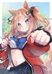  1girl absurdres animal_ears arched_bangs belt black_belt blue_eyes blue_skirt blue_sports_bra blush breasts candy commentary_request espoir_city_(red_devil_gear)_(umamusume) espoir_city_(umamusume) food gold_buckle grin hair_ornament highres holding holding_candy holding_food holding_lollipop horse_earrings horse_ears horse_girl horse_tail jacket lollipop long_hair looking_at_viewer midriff multicolored_hair navel okurakuma open_mouth orange_hair panty_straps red_jacket skirt small_breasts smile solo sports_bra tail teeth umamusume 