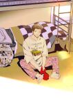  1boy absurdres bed blanket blue_pajamas brown_hair bunk_bed closed_eyes feet highres holding holding_mask indoors male_focus marvel mask pajamas peter_parker pillow shirt short_hair sitting smile spider-man spider-man_(original_suit) spider-man_(series) spread_legs stairs t-shirt toes w2rom wide_spread_legs 