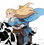 1boy 1girl behind_another black_pants blonde_hair blue_cloak blue_shirt braid brown_hair cloak crown_braid driving hair_over_another's_face inconvenient_hair link long_hair lowres master_cycle motor_vehicle motorcycle on_motorcycle pants pointy_ears princess_zelda riding riding_motorcycle sheikah_slate shirt short_hair smile the_legend_of_zelda the_legend_of_zelda:_breath_of_the_wild yufei 
