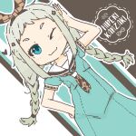  1boy :3 alternate_costume alternate_hairstyle arm_up blend_s braid brown_flower brown_hairband brown_neckerchief brown_trim character_name closed_mouth collared_dress commentary_request contrast_collar cowboy_shot deformed dress dutch_angle flower green_dress green_eyes grey_hair hair_flower hair_ornament hairband hand_on_own_head hand_on_own_hip heart ikezworks kanzaki_hideri light_blush long_hair long_sidelocks looking_at_viewer low_twin_braids male_focus neckerchief one_eye_closed outline plaid_clothes plaid_hairband plaid_neckerchief sailor_collar short_eyebrows short_sleeves sidelocks solo standing straight-on striped_background twin_braids vertical-striped_background white_outline 