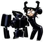  1girl armor arms_up black_armor black_bodysuit black_hair black_theme blank_eyes bodysuit breasts clenched_hands commentary edith_(teknodice) english_commentary hair_bun happy humanoid_robot latex latex_bodysuit oekaki original parted_bangs pentel_(teknodice) robot small_breasts smile solid_eyes spandex teknodice upper_body white_background 