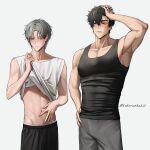  2boys abs absurdres alien_stage artist_name black_eyes black_hair black_pants black_tank_top blush clothes_lift collarbone commentary_request covered_abs curtained_hair green_eyes grey_hair grey_pants hair_between_eyes hand_on_own_head hand_on_own_stomach height_difference highres ivan_(alien_stage) kakeruekaki lifting_own_clothes looking_at_another male_focus male_underwear male_underwear_peek multiple_boys muscular navel pants pectorals shirt shirt_lift short_hair sweat tank_top till_(alien_stage) toned toned_male underwear veins veiny_arms white_tank_top yaoi 